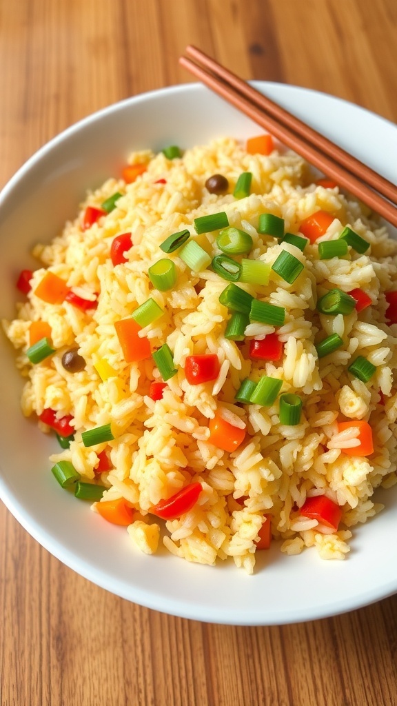 A bowl of egg fried rice with mixed vegetables and green onions, served with chopsticks.